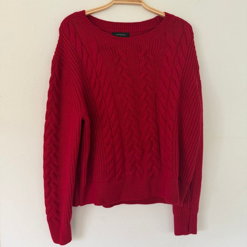 Banana Republic Womens Cotton Wool Red Cable Knit Crew Neck Sweater Large
